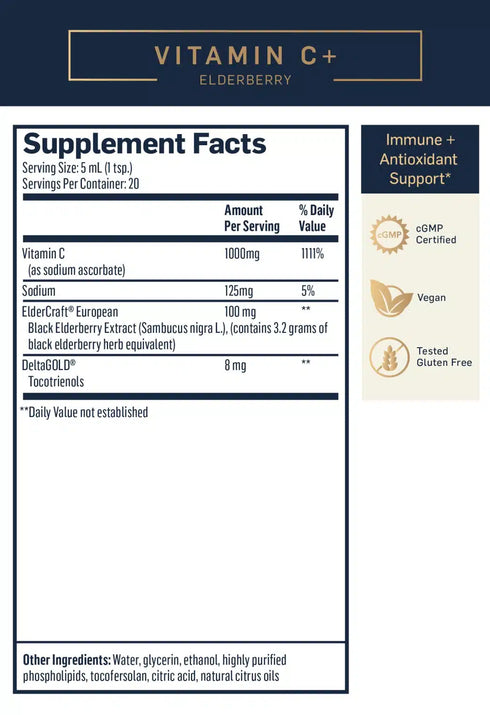 Image of Ingredients in liposomal Vitamin C + Elderberry 100ml bottle by quicksilver scientific to support immunity and recovery